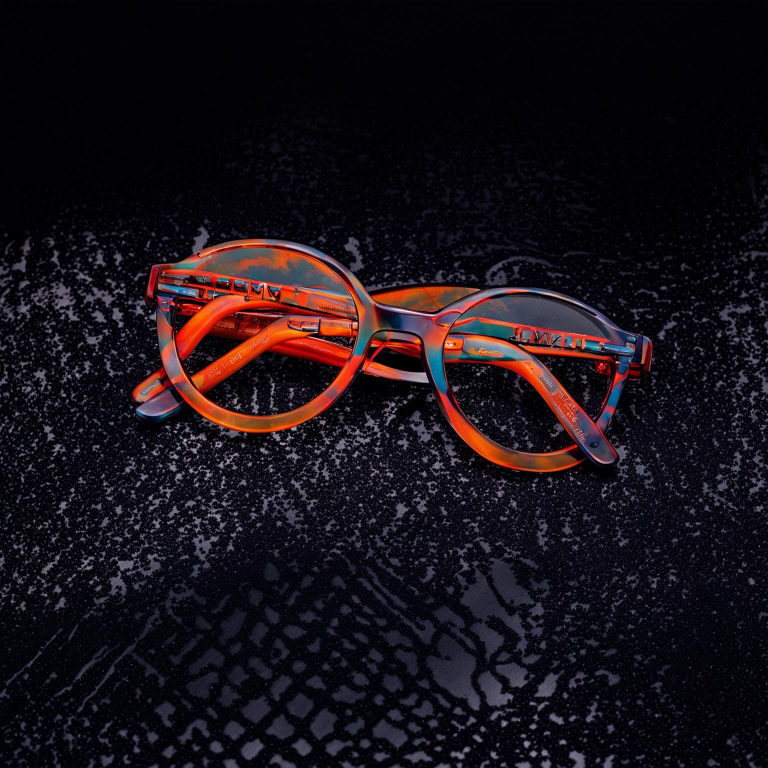 Advertisement photograph of 90s inspired sunglasses on a black marble surface with dramatic lighting and immaculate composition, reminiscent of an editorial magazine photoshoot