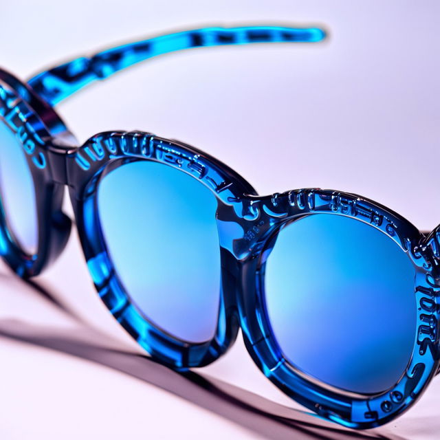 Close-up photograph of 90s inspired sunglasses with intricate details, neon-colored frame, and reflective silver lenses