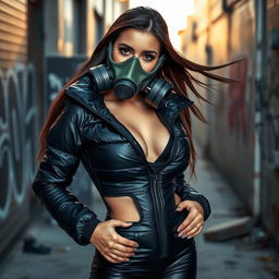 A hot girl wearing a tight, shiny black puffer jacket that accentuates her curves and showcases her ample bust