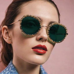 Close-up editorial magazine style photograph showcasing intricately detailed sunglasses, greatly influenced by the 90s fashion aesthetics