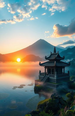 A mystical landscape depicting the origins of Danau Batur, surrounded by lush green hills and traditional Balinese elements