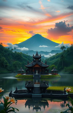 A mystical landscape depicting the origins of Danau Batur, surrounded by lush green hills and traditional Balinese elements
