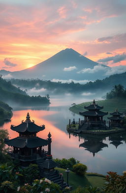 A mystical landscape depicting the origins of Danau Batur, surrounded by lush green hills and traditional Balinese elements