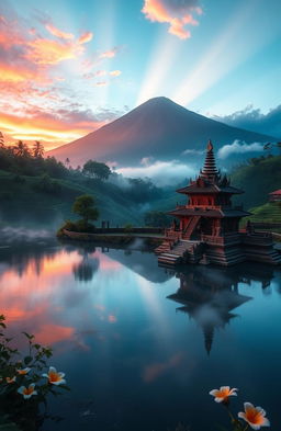 A mystical landscape depicting the origins of Danau Batur, surrounded by lush green hills and traditional Balinese elements