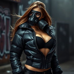 A hot girl wearing a tight, shiny black puffer jacket that accentuates her curves and showcases her ample bust