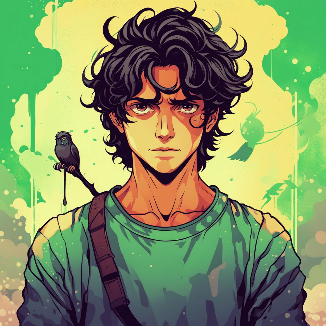 High-resolution lo-fi fan art of Percy Jackson with black hair, dressed casually with subtle references to his adventures in the background