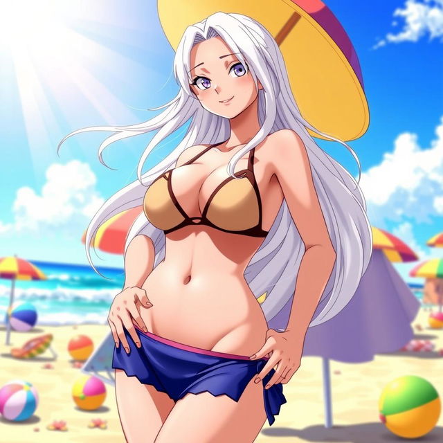 Yamato from One Piece, depicted in a playful and vibrant beach scene, wearing a stylish bikini that highlights her fit physique