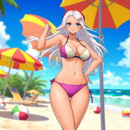 Yamato from One Piece, depicted in a playful and vibrant beach scene, wearing a stylish bikini that highlights her fit physique