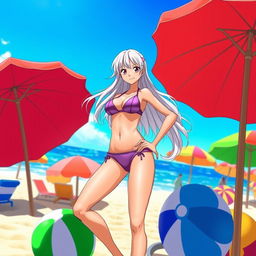 Yamato from One Piece, depicted in a playful and vibrant beach scene, wearing a stylish bikini that highlights her fit physique