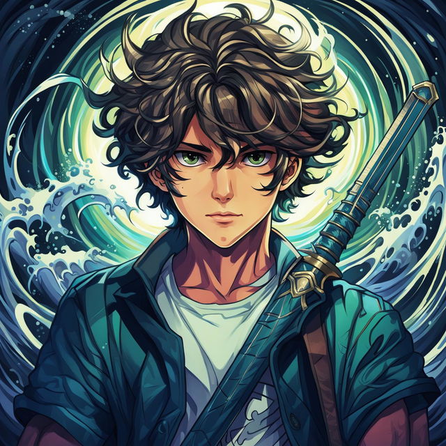 High-resolution fan art of Percy Jackson with black hair and sea-green eyes, holding Riptide in pen form against a sea-inspired background