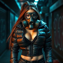 A hot girl in a tight, shiny black puffer jacket that highlights her curves and prominently displays her big boobs