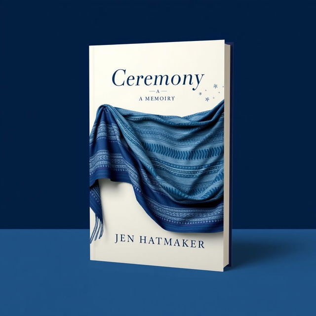 An elegant book cover design for 'Ceremony: A Memoir' by Jen Hatmaker, featuring a vibrant indigo rebozo as the central element