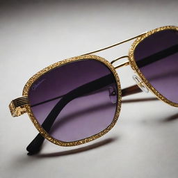 Intense close-up photograph of intricate 90s inspired sunglasses, meant for an editorial magazine advertisement