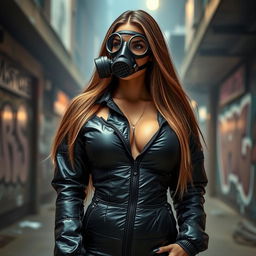 A hot girl in a tight, shiny black puffer jacket that enhances her curves and accentuates her big breasts