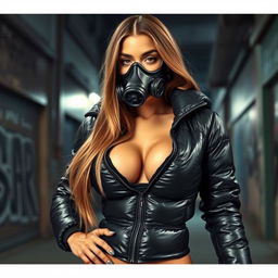 A hot girl in a tight, shiny black puffer jacket that enhances her curves and accentuates her big breasts