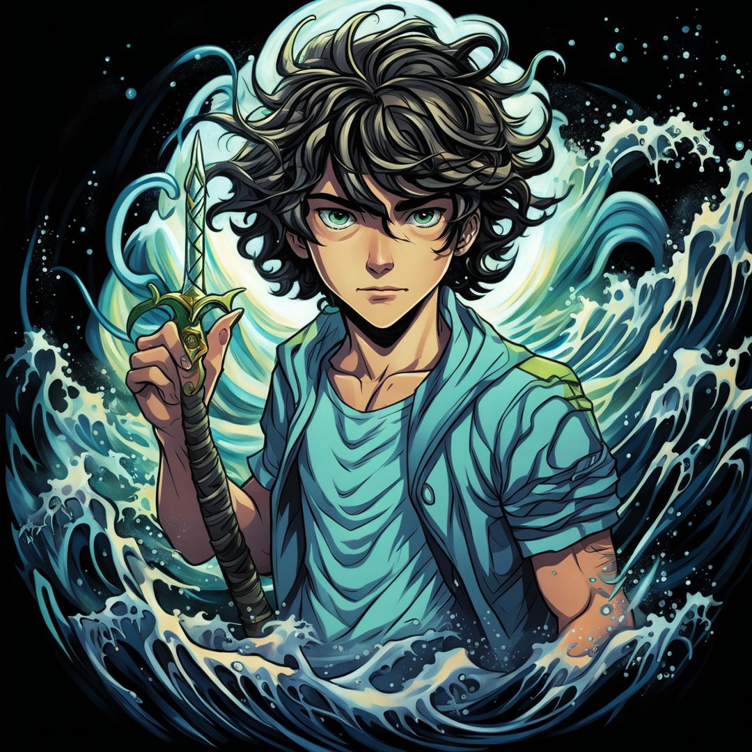 High-resolution fan art featuring Percy Jackson with black hair and sea-green eyes, holding Riptide in pen form against a sea-inspired background