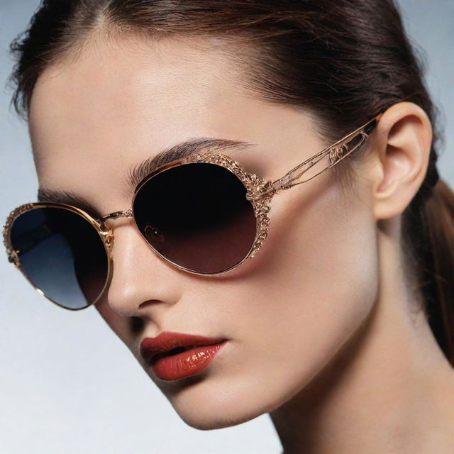 A high definition close-up photograph of intricately detailed 90s inspired sunglasses for an editorial advertisement