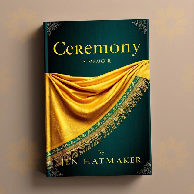 A luxurious book cover design for 'Ceremony: A Memoir' by Jen Hatmaker, prominently featuring a stunning gold rebozo