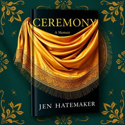 A luxurious book cover design for 'Ceremony: A Memoir' by Jen Hatmaker, prominently featuring a stunning gold rebozo