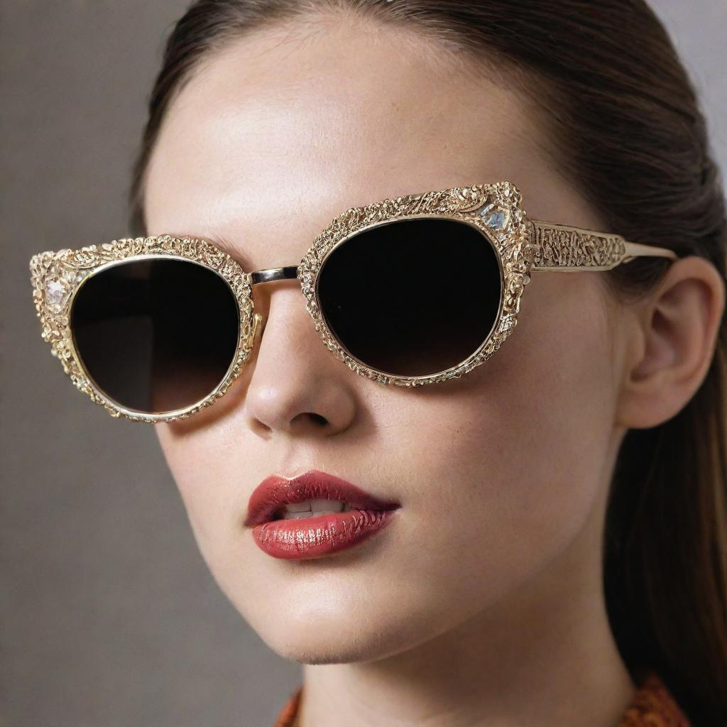 Intensely close-up photograph of ornately detailed 90s-inspired sunglasses, lit perfectly to highlight the intricate patterns, imbued with the high-end quality of an editorial magazine photoshoot