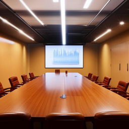 A professional briefing room with a large wooden table centered, surrounded by leather chairs. A large screen for presentations is on the wall at the front, and various communication tools are available.