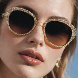 Intensely close-up photograph of ornately detailed 90s-inspired sunglasses, lit perfectly to highlight the intricate patterns, imbued with the high-end quality of an editorial magazine photoshoot