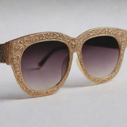 Intensely close-up photograph of ornately detailed 90s-inspired sunglasses, lit perfectly to highlight the intricate patterns, imbued with the high-end quality of an editorial magazine photoshoot