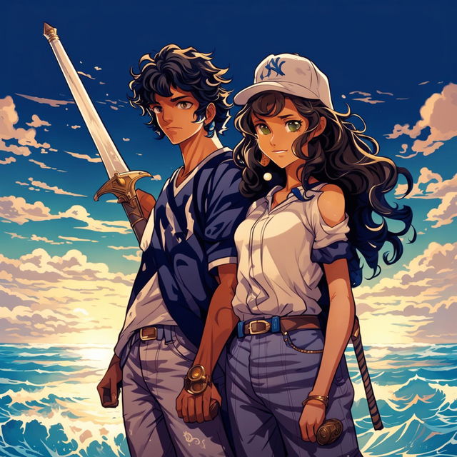 High-resolution fan art of Percy Jackson with black hair and his girlfriend standing by the sea at sunset