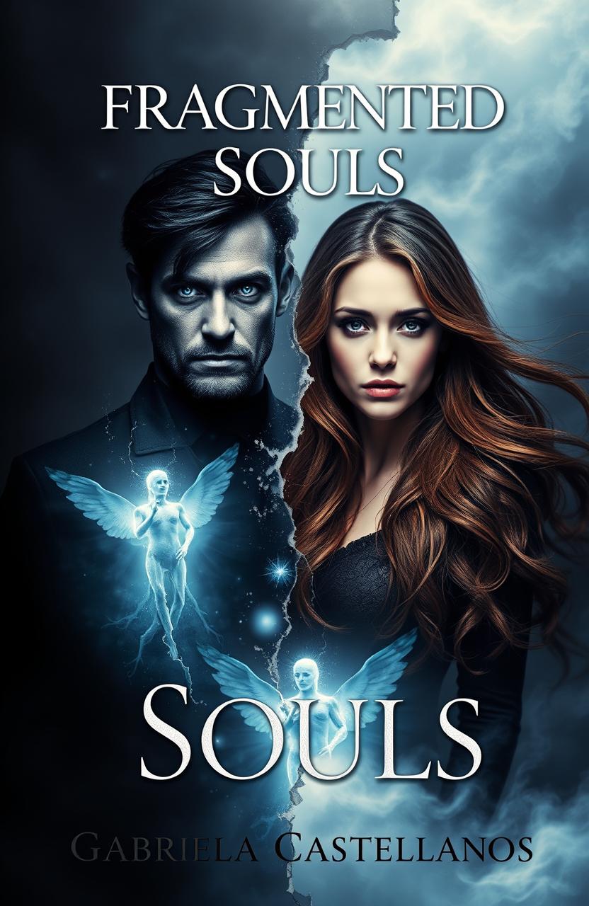 A captivating book cover featuring a dark male figure with blue eyes, representing the 'Man of Evil', standing alongside a woman with flowing brown hair, embodying 'Light'