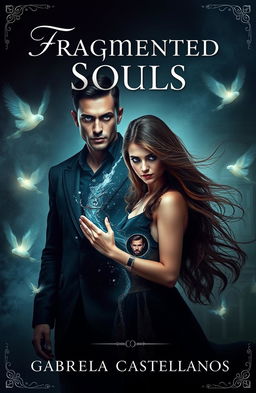 A captivating book cover featuring a dark male figure with blue eyes, representing the 'Man of Evil', standing alongside a woman with flowing brown hair, embodying 'Light'
