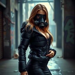 A hot girl dressed in a tight, shiny black puffer jacket that accentuates her curves and highlights her big boobs