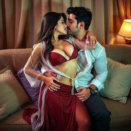 A sensual Pakistani girl depicted as Nushrat Bharucha, wearing a skirt and removing her sheer, transparent shirt to reveal her cleavage and navel