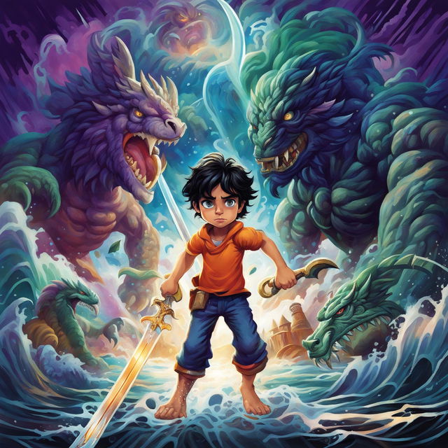 Digital art book cover for Percy Jackson children's novel featuring Percy with Riptide, Pegasus, a cyclops, Camp Half-Blood, stormy sky and sea