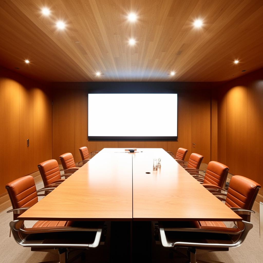 A professional briefing room with a large wooden table centered, surrounded by leather chairs. A large screen for presentations is on the wall at the front, and various communication tools are available.