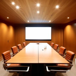 A professional briefing room with a large wooden table centered, surrounded by leather chairs. A large screen for presentations is on the wall at the front, and various communication tools are available.