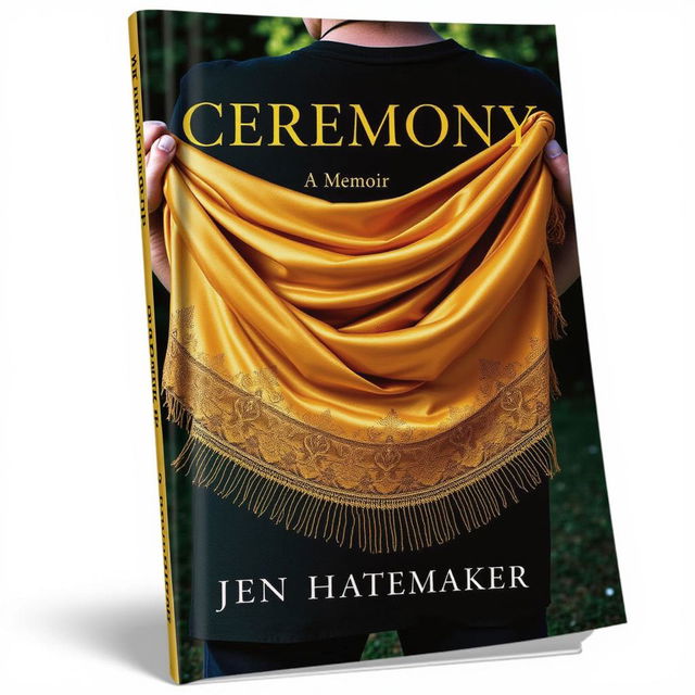 A sophisticated book cover design for 'Ceremony: A Memoir' by Jen Hatmaker, prominently featuring an elegant gold rebozo