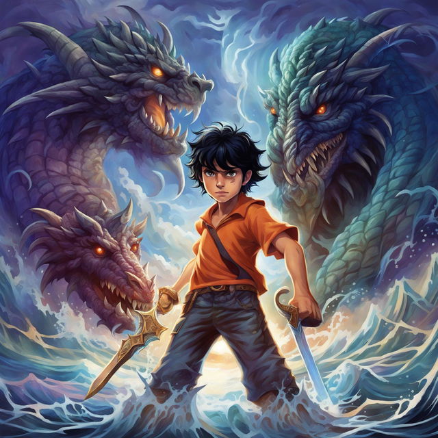 Digital art book cover for Percy Jackson novel featuring Percy with Riptide, a hydra, Camp Half-Blood, stormy sky and sea.