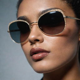 Close-up photograph of detailed and intricate retro 90's inspired sunglasses with pristine composition, dramatic lighting, exuding editorial magazine photoshoot vibes