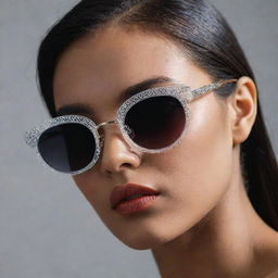 Close-up photograph of detailed and intricate retro 90's inspired sunglasses with pristine composition, dramatic lighting, exuding editorial magazine photoshoot vibes