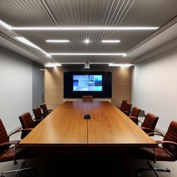 A professional briefing room with a large wooden table centered, surrounded by leather chairs. A large screen for presentations is on the wall at the front, and various communication tools are available.