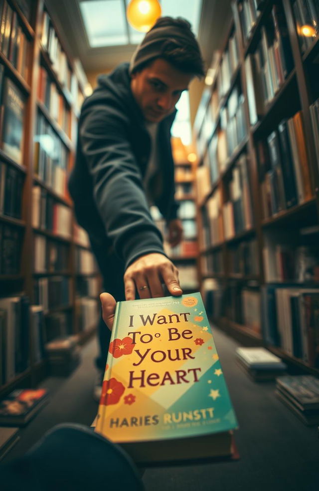 From a first-person perspective, a young man bending down to pick up a fallen book in a cozy bookstore, surrounded by shelves filled with various novels