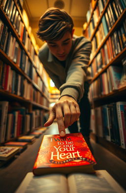 From a first-person perspective, a young man bending down to pick up a fallen book in a cozy bookstore, surrounded by shelves filled with various novels