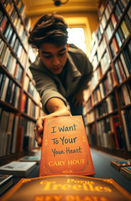 From a first-person perspective, a young man bending down to pick up a fallen book in a cozy bookstore, surrounded by shelves filled with various novels