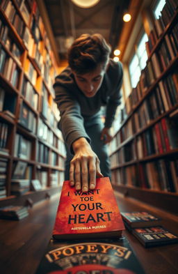 From a first-person perspective, a young man bending down to pick up a fallen book in a cozy bookstore, surrounded by shelves filled with various novels
