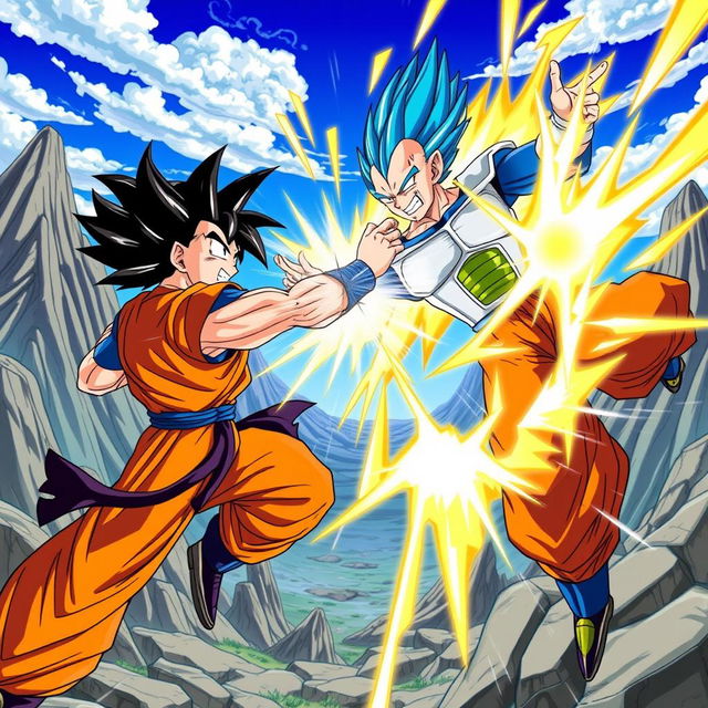 A dynamic and colorful scene depicting characters from Dragon Ball Z, showcasing intense action and energy blasts