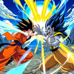 A dynamic and colorful scene depicting characters from Dragon Ball Z, showcasing intense action and energy blasts