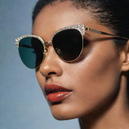 Close-up photograph of detailed and intricate retro 90's inspired sunglasses with pristine composition, dramatic lighting, exuding editorial magazine photoshoot vibes