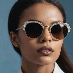 Close-up photograph of detailed and intricate retro 90's inspired sunglasses with pristine composition, dramatic lighting, exuding editorial magazine photoshoot vibes