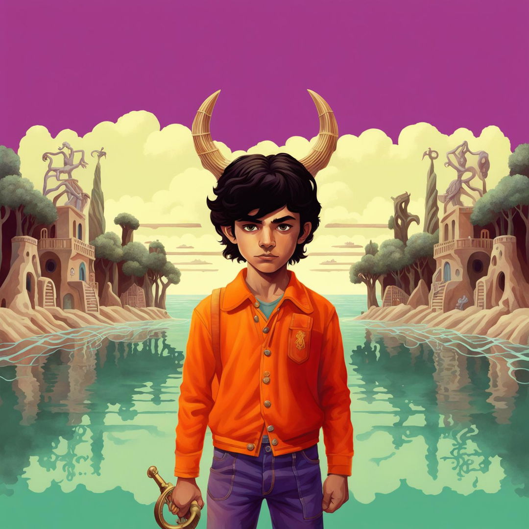 Wes Anderson inspired digital art book cover for Percy Jackson novel featuring Percy with Riptide, a Minotaur, Camp Half-Blood, symmetrical composition and pastel color palette