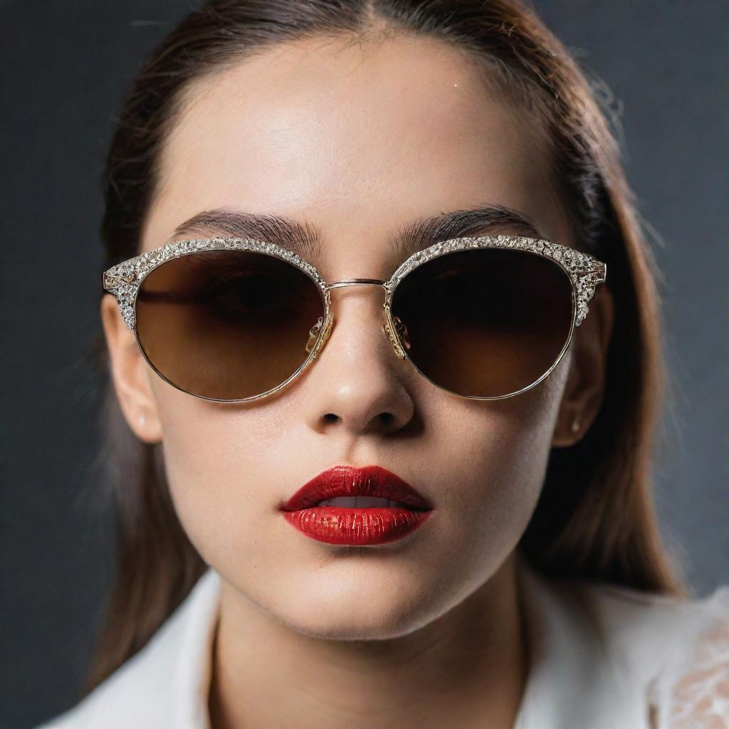 Close-up photograph of detailed and intricate retro 90's inspired sunglasses with pristine composition, dramatic lighting, exuding editorial magazine photoshoot vibes